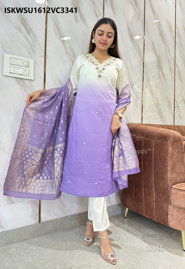 Embroidered Silk Kurti With Pant And Self Zari jacquard Chanderi Dupatta-ISKWSU1612VC3341