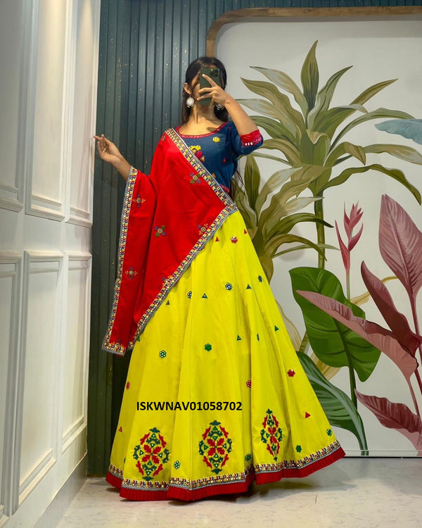 Embroidered Cotton Lehenga With Blouse And Dupatta-ISKWNAV01058702