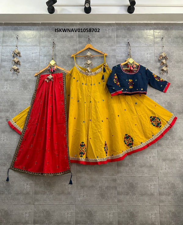 Embroidered Cotton Lehenga With Blouse And Dupatta-ISKWNAV01058702