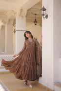 Embroidered Georgette Gown With Dupatta-ISKWGN1505LW-9178