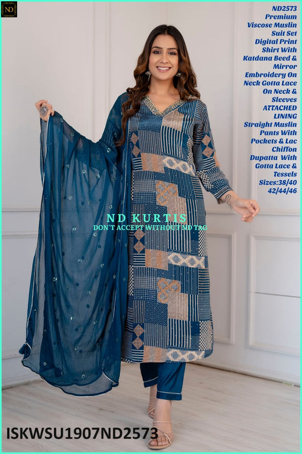 Digital Printed Viscose Maslin Kurti With Maslin Pant And Chiffon Dupatta-ISKWSU1907ND2574/ND2573