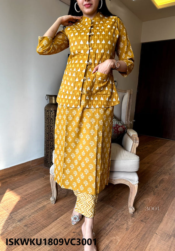 Hand Block Printed Cotton Kurti With Pant And Quilted Jacket-ISKWKU1809VC3001