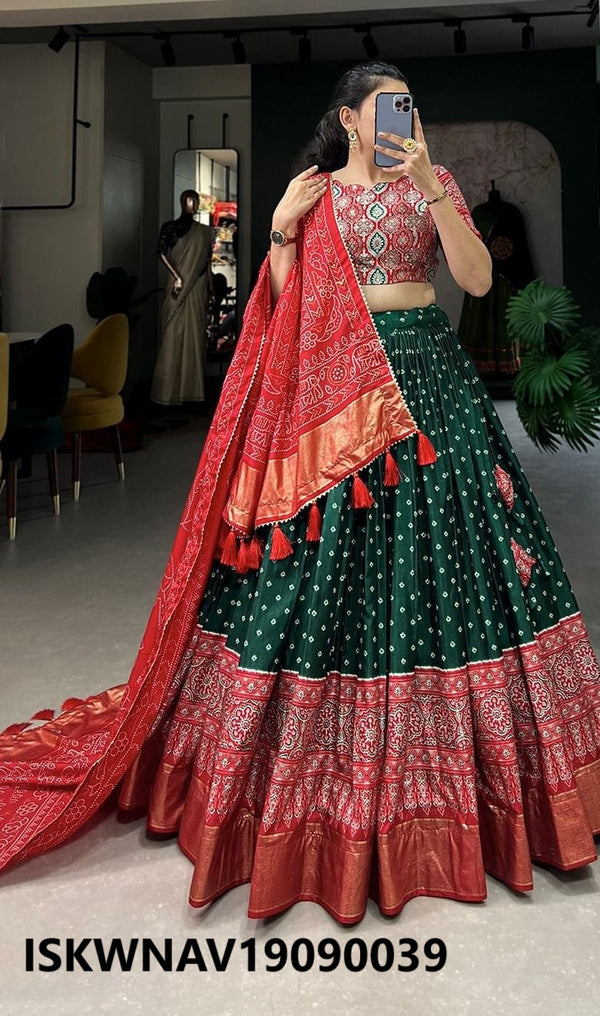 Foil Printed Dola Tussar Silk Lehenga With Blouse And Dupatta-ISKWNAV19090039