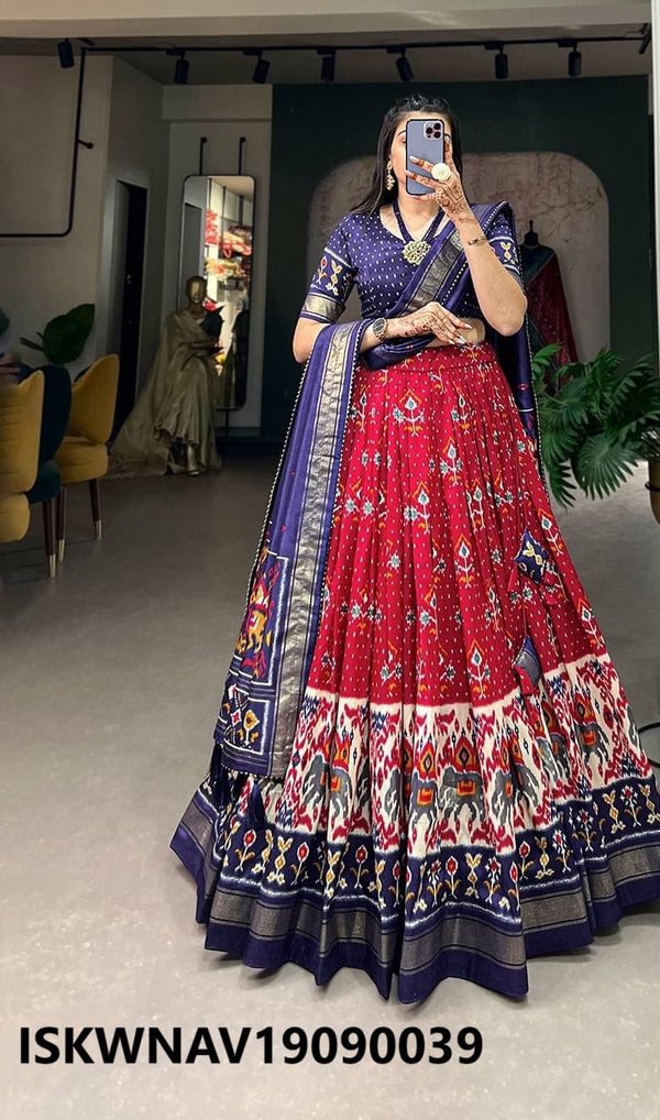 Foil Printed Dola Tussar Silk Lehenga With Blouse And Dupatta-ISKWNAV19090039