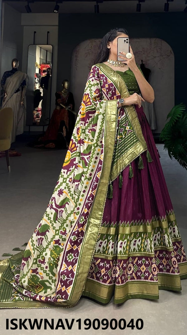 Foil Printed Dola Tussar Silk Lehenga With Blouse And Dupatta-ISKWNAV19090040