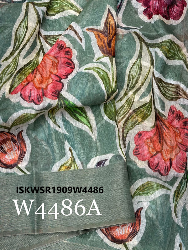 Digital Printed Linen Silk Saree With Contrast Blouse-ISKWSR1909W4486