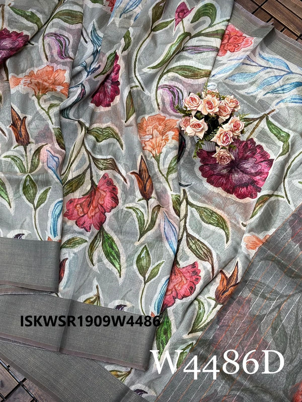 Digital Printed Linen Silk Saree With Contrast Blouse-ISKWSR1909W4486