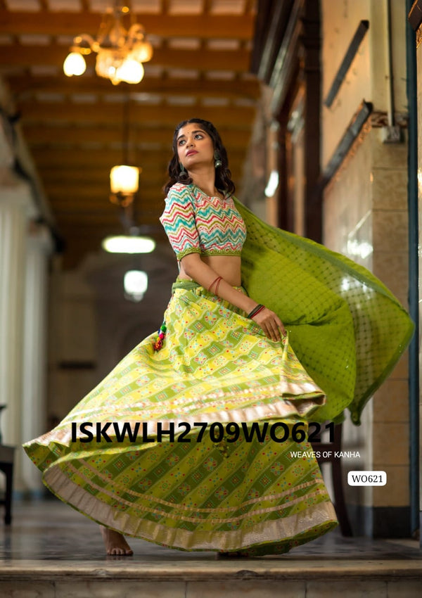 Hand Block Bandhani Printed Cotton Lehenga With Blouse And Dupatta-ISKWLH2709WO621