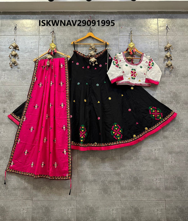 Embroidered Cotton Lehenga With Blouse And Contrast Dupatta-ISKWNAV29091995