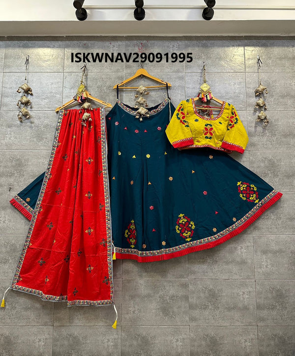 Embroidered Cotton Lehenga With Blouse And Contrast Dupatta-ISKWNAV29091995