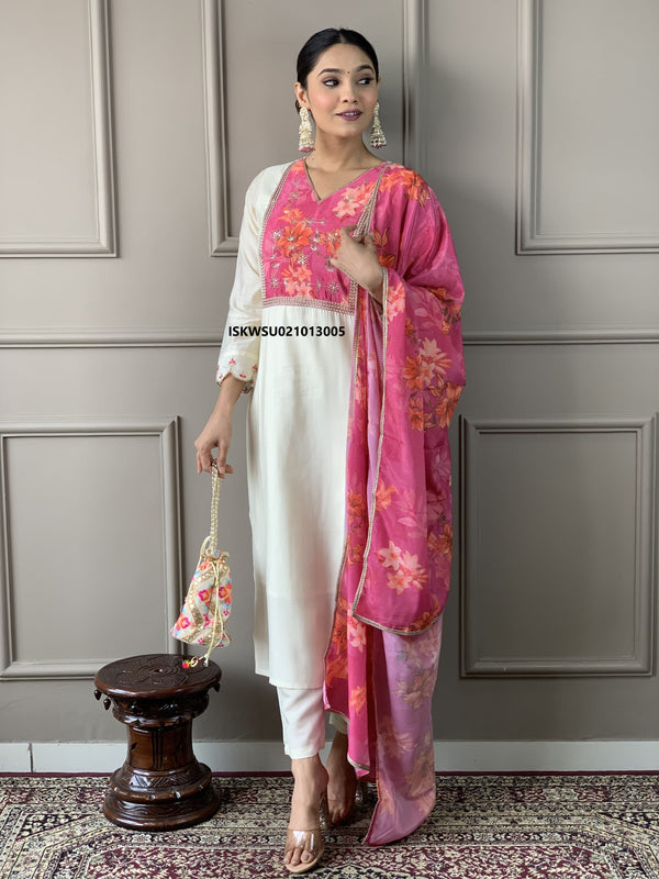 Embroidered Chanderi Kurti With Pant And Digital Printed Silk Dupatta-ISKWSU021013005