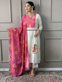 Embroidered Chanderi Kurti With Pant And Digital Printed Silk Dupatta-ISKWSU021013005