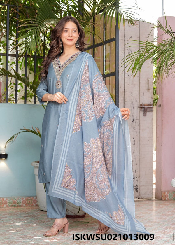 Embroidered Modal Silk Kurti With Pant And Printed Silk Dupatta-ISKWSU021013009