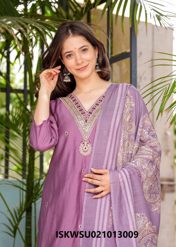 Embroidered Modal Silk Kurti With Pant And Printed Silk Dupatta-ISKWSU021013009