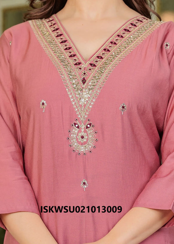 Embroidered Modal Silk Kurti With Pant And Printed Silk Dupatta-ISKWSU021013009