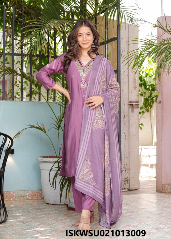 Embroidered Modal Silk Kurti With Pant And Printed Silk Dupatta-ISKWSU021013009