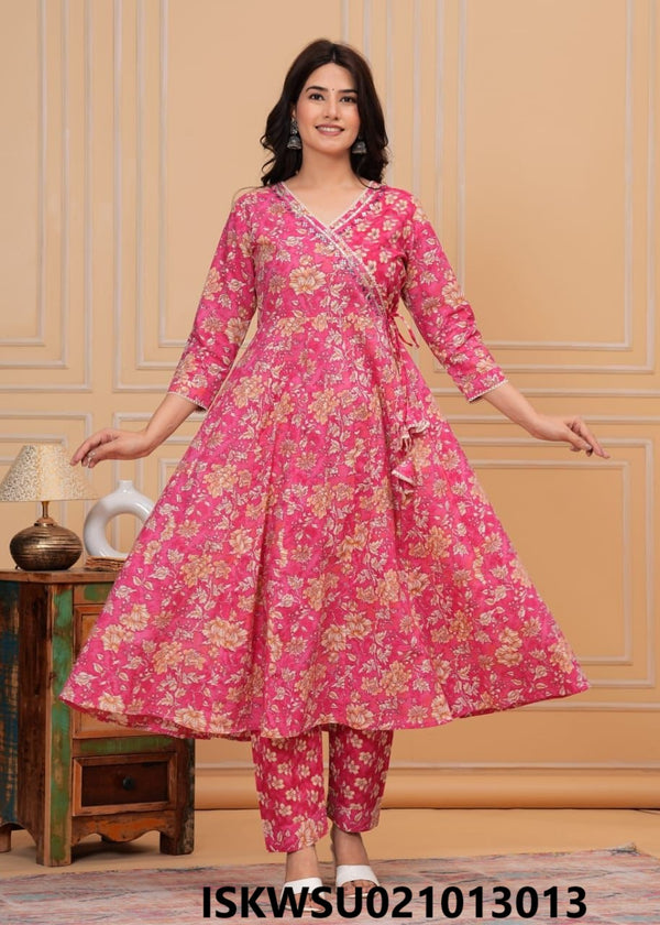 Block Printed Cotton Anarkali Kurti With Pant And Dupatta-ISKWSU021013013