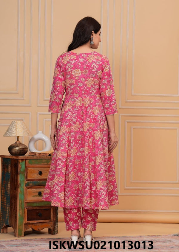 Block Printed Cotton Anarkali Kurti With Pant And Dupatta-ISKWSU021013013