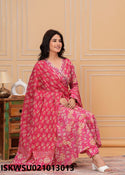 Block Printed Cotton Anarkali Kurti With Pant And Dupatta-ISKWSU021013013