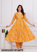 Block Printed Cotton Anarkali Kurti With Pant And Dupatta-ISKWSU021013013