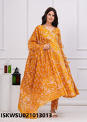 Block Printed Cotton Anarkali Kurti With Pant And Dupatta-ISKWSU021013013