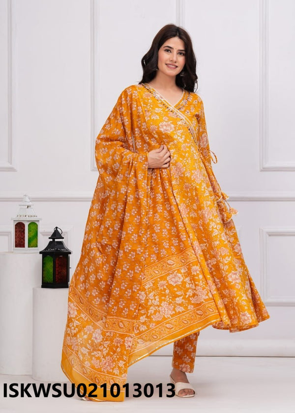 Block Printed Cotton Anarkali Kurti With Pant And Dupatta-ISKWSU021013013