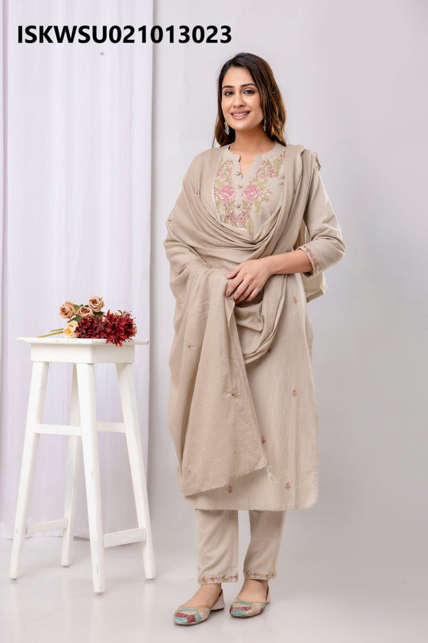 Embroidered Cotton Kurti With Pant And Embroidered Dupatta-ISKWSU021013023