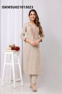 Embroidered Cotton Kurti With Pant And Embroidered Dupatta-ISKWSU021013023