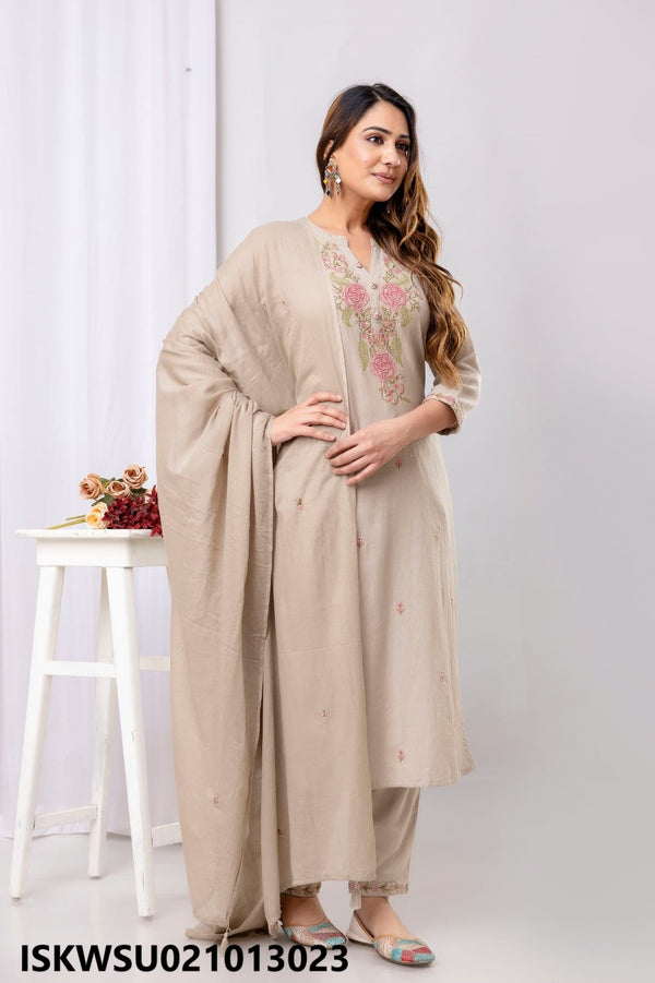 Embroidered Cotton Kurti With Pant And Embroidered Dupatta-ISKWSU021013023