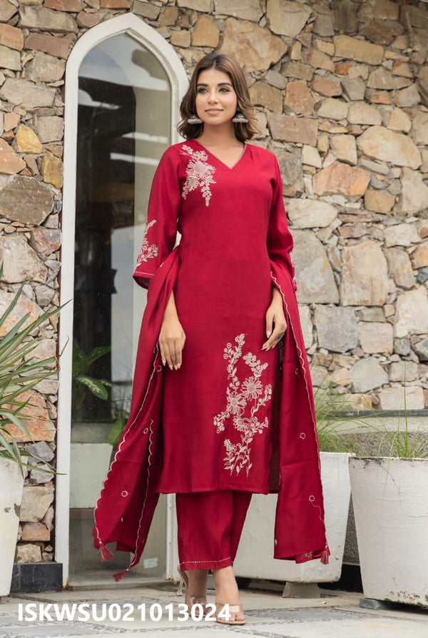 Embroidered Maslin Kurti With Pant And Dupatta-ISKWSU021013024