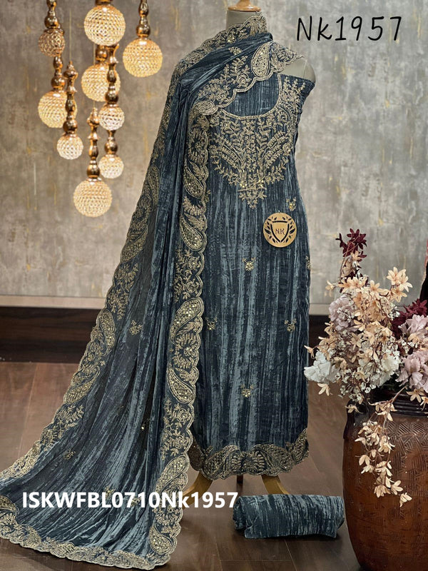 Embroidered Crush Velvet Kurti With Bottom And Dupatta-ISKWFBL0710Nk1957