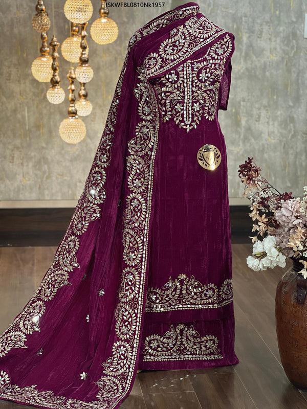 Embroidered Crush Velvet Kurti With Bottom And  Dupatta-ISKWFBL0810Nk1957