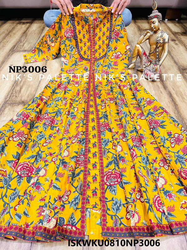 Kalamkari Block Printed Cotton Front Slit Anarkali Kurti With Dupatta-ISKWKU0810NP3006