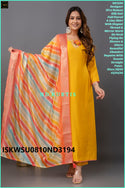 Embroidered Silk A-Line Kurti With Pant And Printed Chanderi Dupatta-ISKWSU0810ND3194