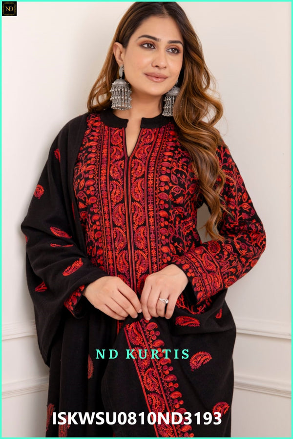 Embroidered Woolen Kurti With Pant And Shawl-ISKWSU0810ND3193