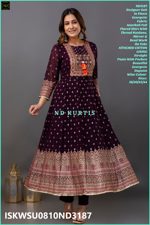 Embroidered Georgette Anarkali Kurti With Pant And Dupatta-ISKWSU0810ND3187