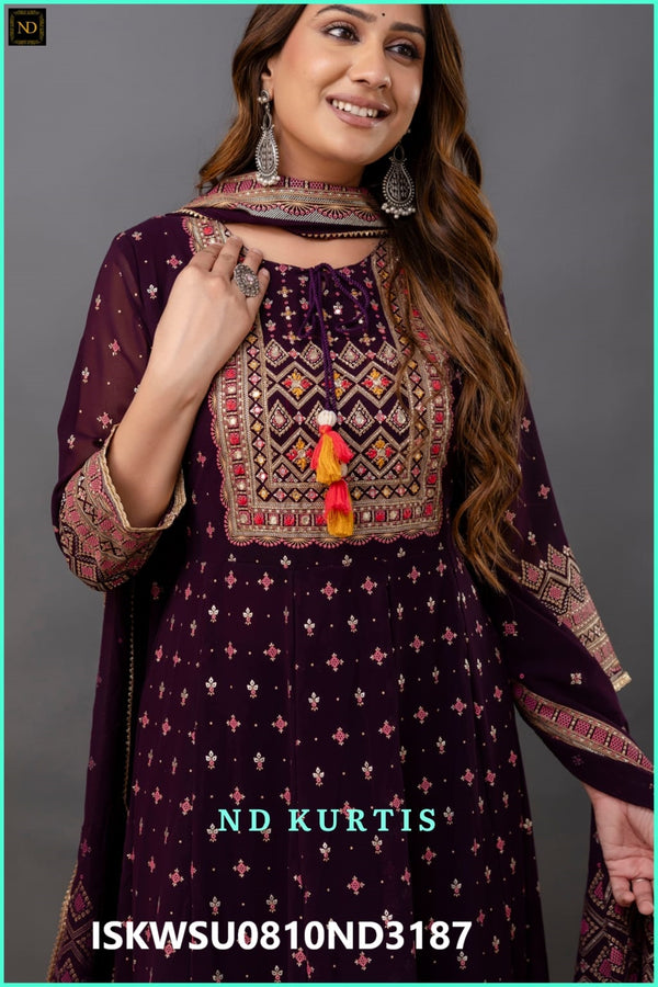 Embroidered Georgette Anarkali Kurti With Pant And Dupatta-ISKWSU0810ND3187