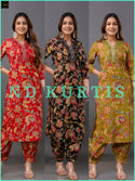 Printed Cotton Kurti With Afghani Pant And Dupatta-ISKWSU0810ND3178/ND3179/ND3180