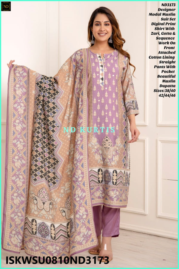 Digital Printed Modal Maslin Kurti With Pant And Maslin Dupatta-ISKWSU0810ND3173