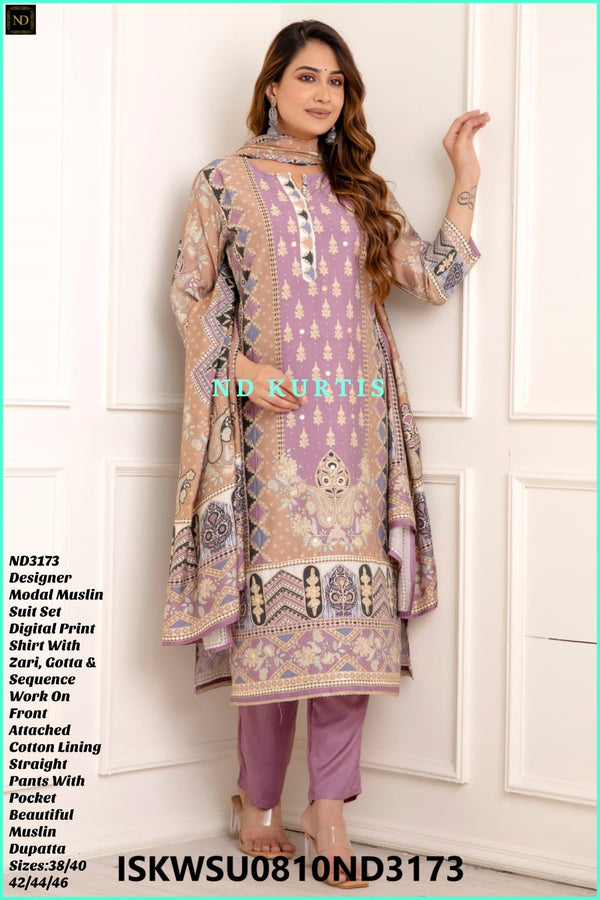 Digital Printed Modal Maslin Kurti With Pant And Maslin Dupatta-ISKWSU0810ND3173