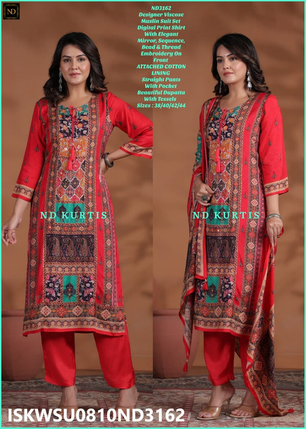 Digital Printed Viscose Maslin Kurti With Pant And Dupatta-ISKWSU0810ND3162