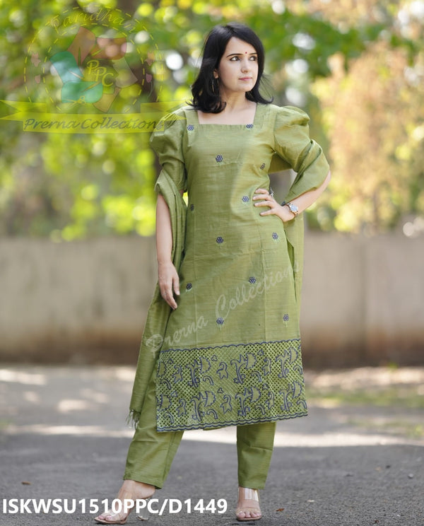 Embroidered Cotton Silk Kurti With Pant And Dupatta-ISKWSU1510PPC/D1449