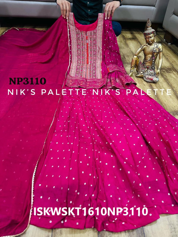 Wrinkle Chinon Banarasi Skirt With Banarasi Peplum Top And Chiffon Dupatta-ISKWSKT1610NP3111