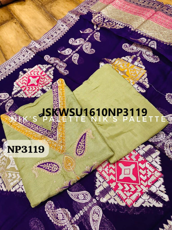 Silk Kurti With Pant And Banarasi Weaved Georgette Dupatta-ISKWSU1610NP3119