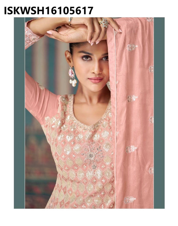 Embroidered Chinon Silk Kurti With Sharara And Dupatta-ISKWSH16105617