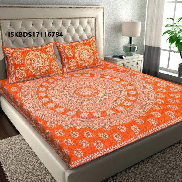 Jaipuri Printed Double Bed-Sheet With 2 Flap Pillow Cover Set-ISKBDS17116784