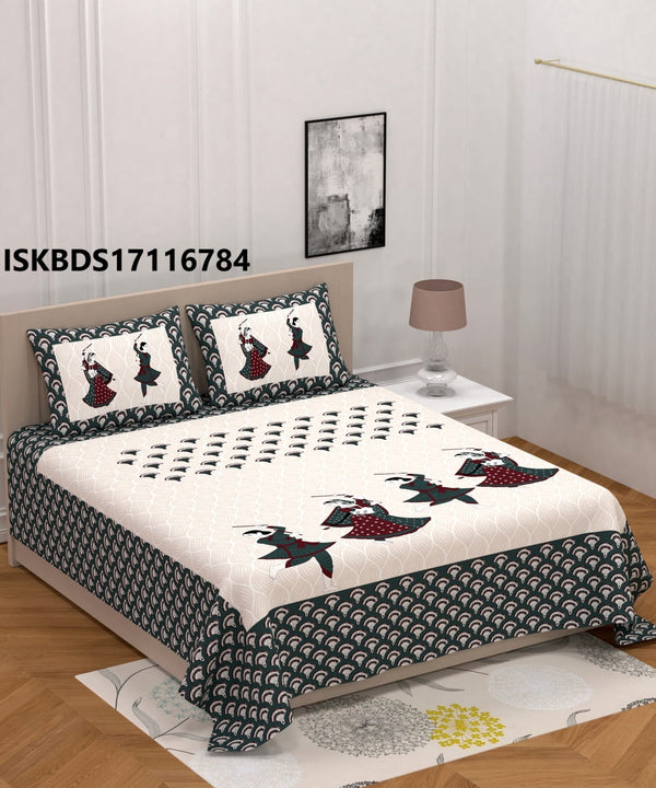 Jaipuri Printed Double Bed-Sheet With 2 Flap Pillow Cover Set-ISKBDS17116784