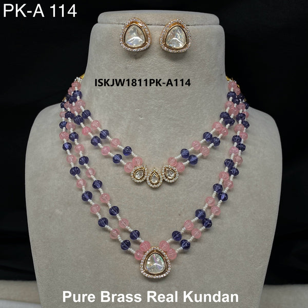 Pure Brass Real Kundan Necklace Set-ISKJW1811PK-A114