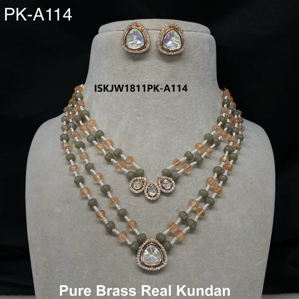 Pure Brass Real Kundan Necklace Set-ISKJW1811PK-A114