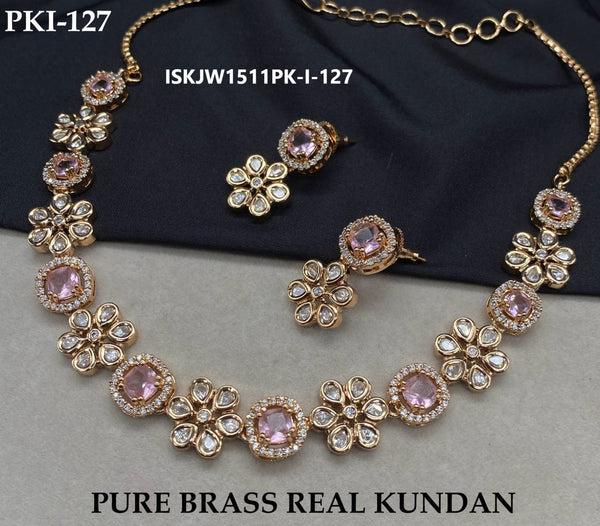 Pure Brass Kundan Necklace Set-ISKJW1511PK-I-127